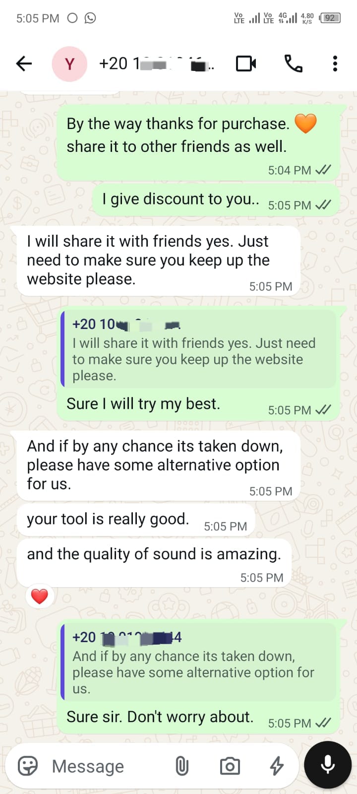 WhatsApp review from an Egypt customer praising the website and sound quality